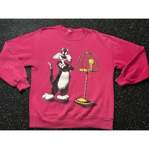 Vtg Looney Tunes Tweety Sylvester Sweatshirt L Large 90s Made In USA Hot Pink